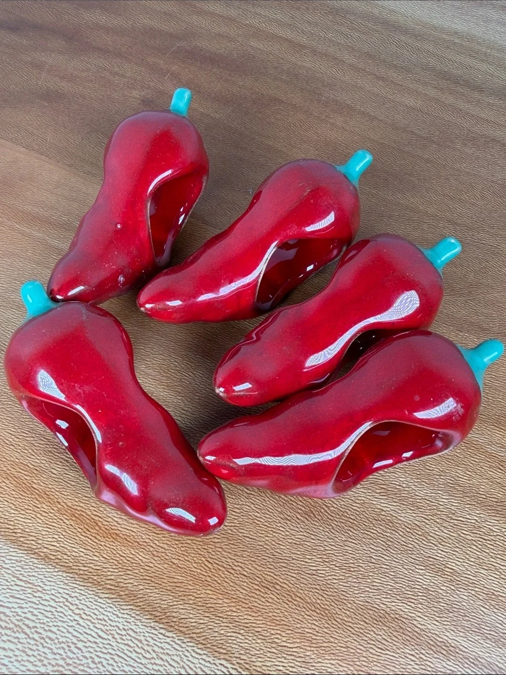 Glazed Ceramic Red Chili Pepper Napkin Rings Set of 5